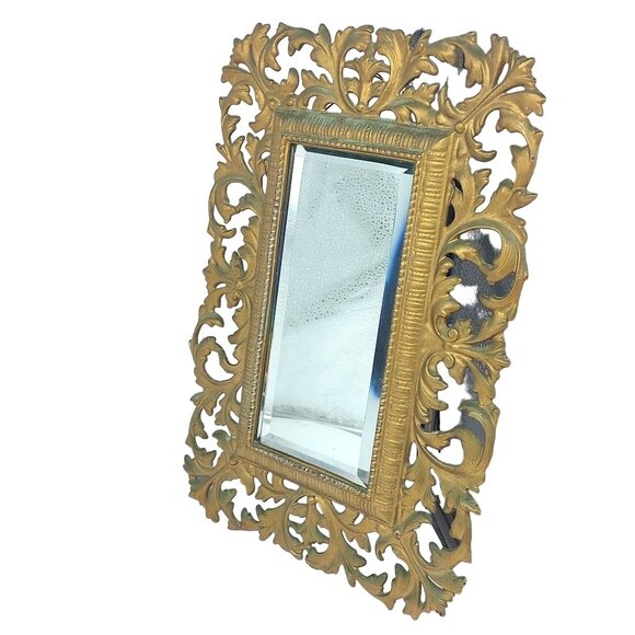 Vintage Cast Iron Ornate Rectangular Wall Mirror With Leaf Design 9.75" X 13.75" - Picture 2 of 5